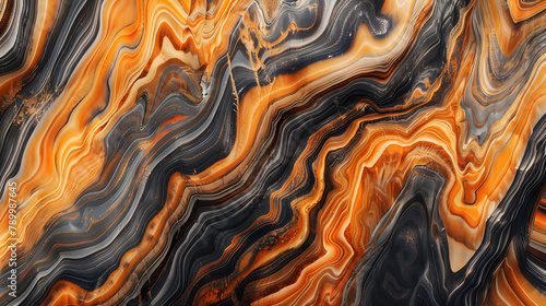 A closeup of an abstract sandstone pattern. with swirling colors in shades of orange and black. The background is pale