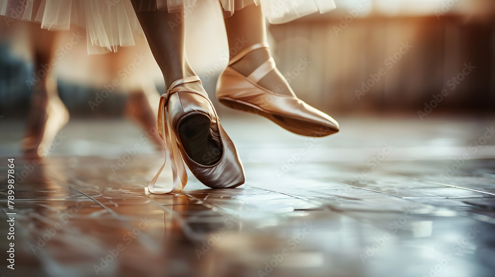 A closeup shot of a ballet dancers slippers during a performance. emphasizing their elegance and flexibility in dance conditions. - obrazy, fototapety, plakaty 