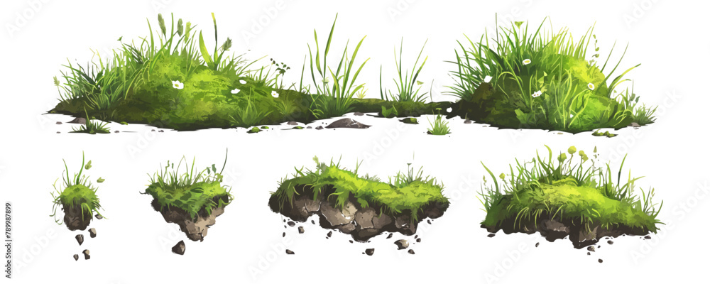Land pieces with green grass realistic. vector simple illustration