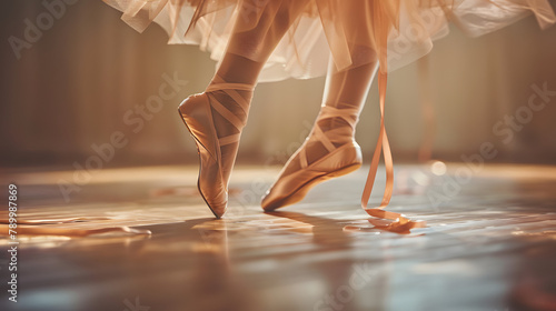 A closeup shot of a ballet dancers slippers during a performance. emphasizing their elegance and flexibility in dance conditions. photo