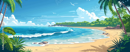 An idyllic beach and ocean landscape. vector simple illustration