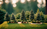 Coniferous trees on a hill, miniature, Ecology and save nature concept, banner, poster, flyer, advertising, sticker, wallpaper,