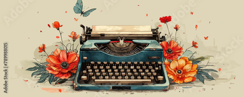 Retro typewriter machine with flowers. Floral vintage style clip art. Hand drawn sketch. vector simple illustration