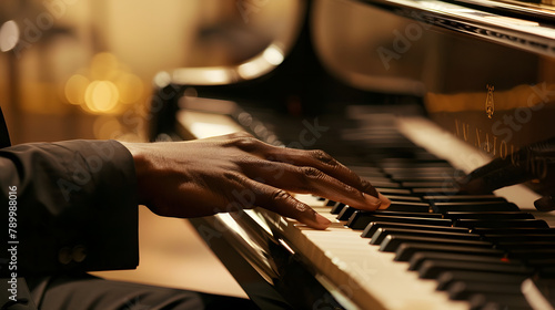 A closeup shot of a pianists hands during a concert. emphasizing their agility and skill in musical conditions. The focus is on details like fingers