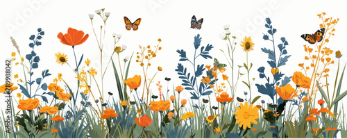 A peaceful meadow filled with vibrant wildflowers and fluttering butterflies. Vector flat minimalistic isolated illustration.