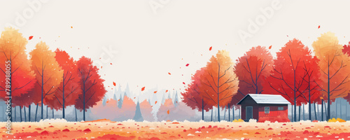 A serene countryside scene with a rustic wooden cabin nestled among colorful autumn trees. Vector flat minimalistic isolated illustration.