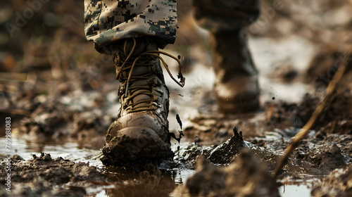 A closeup shot of the boots on an armed forces soldier walking through mud. emphasizing their ruggedness and strength in battle conditions. 