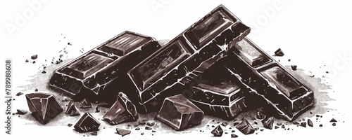 Broken chocolate bar and pieces of chocolate hand drawn engraving style sketch. vector simple illustration