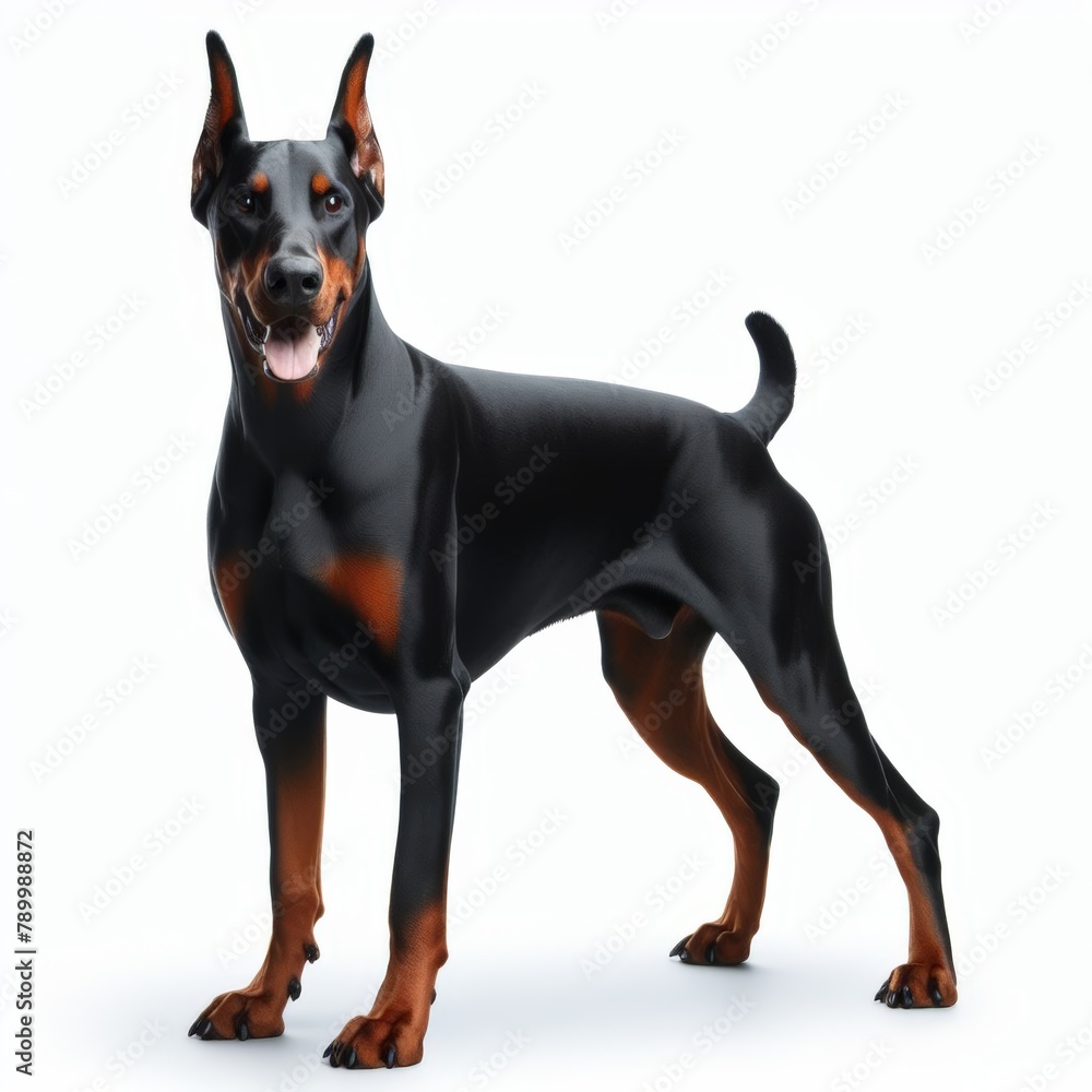 Image of isolated doberman pincher against pure white background, ideal for presentations
