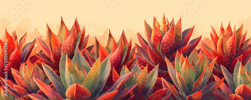 A row of cactus plants with red flowers