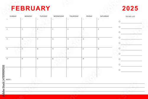 February 2025 calendar. Monthly planner template. Sunday start. Vector design