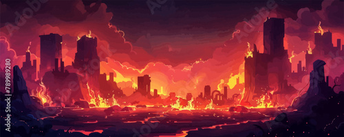 A fiery, apocalyptic landscape with a city in the background