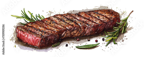 A steak is on a plate with some herbs and spices