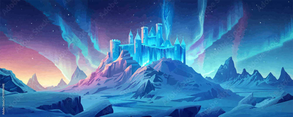 A beautiful blue castle is on top of a snowy mountain