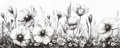A black and white drawing of a field of flowers
