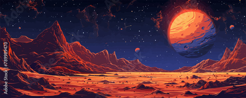 A space scene with a large red planet and a smaller planet in the background