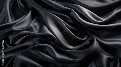 Black gray satin dark fabric texture luxurious shiny that is abstract silk cloth panorama background with patterns soft waves blur сreated with Generative Ai