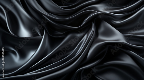 Black gray satin dark fabric texture luxurious shiny that is abstract silk cloth panorama background with patterns soft waves blur сreated with Generative Ai photo