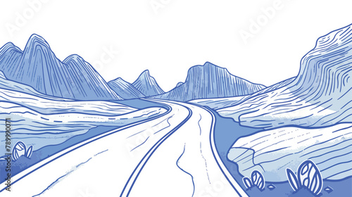 Highway in canyon outline vector illustration. Blue 