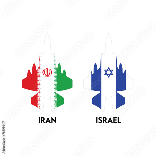Iran vs Israel War. Islamic Republic of Iran and Israel Fighter Jet Concept flags. Iran and Israel political conflict, economy, war crisis, relationship, trade concept. Muslims vs Jews war concept.