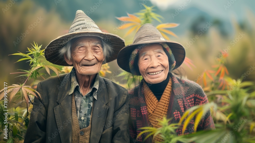 Old Asian couple with marijuana or cannabis leaves