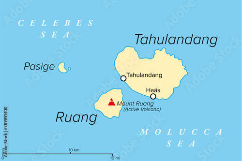 Ruang, an active Indonesian volcanic island, political map. The southernmost stratovolcano in the Sangihe Islands arc, North Sulawesi, Indonesia. Located southwest of the nearby island Tahulandang. photo