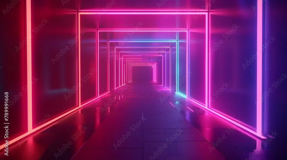 Abstract neon light geometric background. Glowing neon lines. Empty futuristic stage laser. Colorful rectangular laser lines. Square tunnel. Night club empty room. Laser show design.Abstract neon ligh