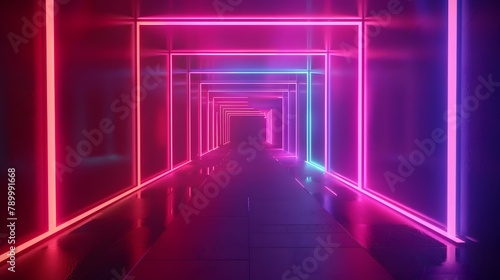 Abstract neon light geometric background. Glowing neon lines. Empty futuristic stage laser. Colorful rectangular laser lines. Square tunnel. Night club empty room. Laser show design.Abstract neon ligh