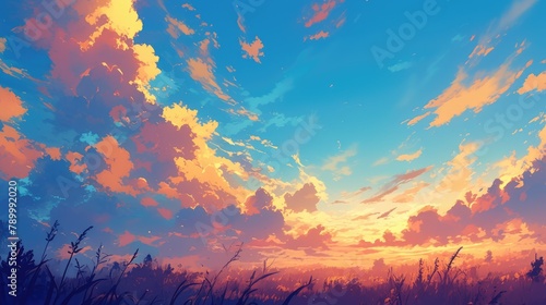 A captivating 2d banner showcases the dramatic transition of the sky during sunset and sunrise painting a mesmerizing picture of nature s golden hour in the evening symbolizing the essence o
