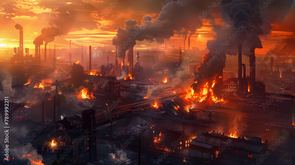 A colossal steel corporations smelting site is aflame. with billows of smoke and infernos surging from the terrain. The twilight firmament overhead exhibits fierce blasts in a factory environment. A colossal steel corporations smelting site is aflame. with billows of smoke and infernos surging from the terrain. The twilight firmament overhead exhibits fierce blasts in a factory environment.