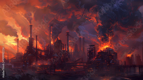 A colossal steel corporations smelting site is aflame. with billows of smoke and infernos surging from the terrain. The twilight firmament overhead exhibits fierce blasts in a factory environment.  photo