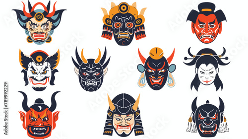 Japanese noh masks set. Asian theater scary demons 