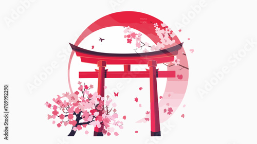 Japanese torii with sakura on a background of red cir