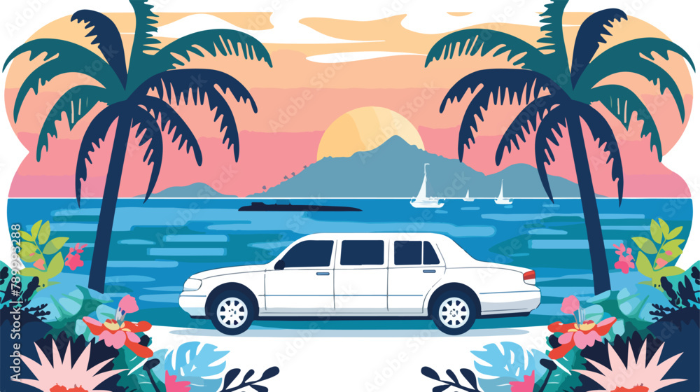 Limousine car on the background of a tropical sea landscape