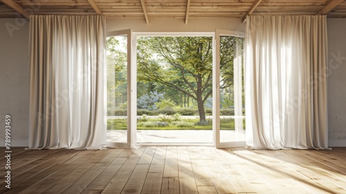 A large open window with a tree outside and white curtains