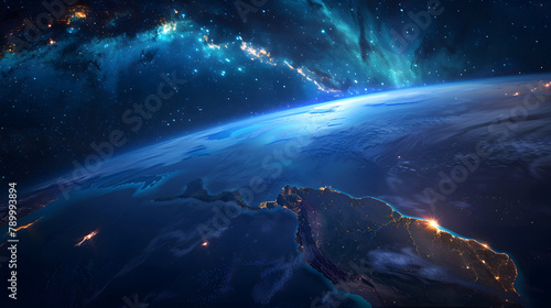 A cosmic sight of our home planet. with glowing lights marking dense cityscapes and main biomes such as ponds photo
