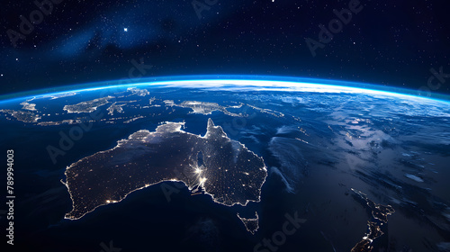 A cosmic sight of our home planet. with glowing lights marking dense cityscapes and main biomes such as ponds photo