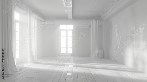 A large, empty room with white walls and wooden floors. The room is illuminated by sunlight coming in through the windows