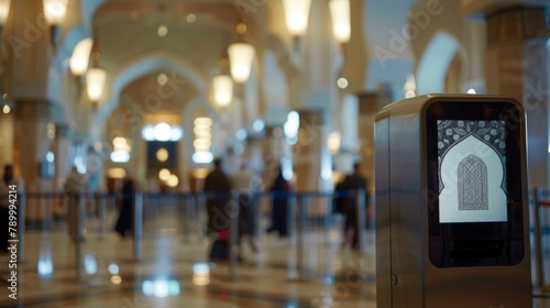 A security checkpoint set up at the entrance of a mosque where visitors must show identification and go through additional security screening before being allowed inside. .