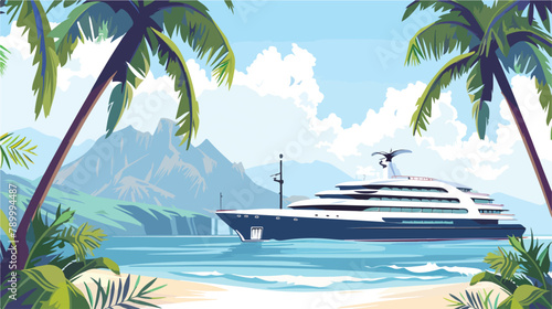 Luxury cruise ship in the ocean.Tropical landscape wi