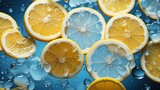 Closeup shot of lemon slices arranged artistically on a light blue background, emphasizing freshness and natural brightness, suitable for health and wellness campaigns