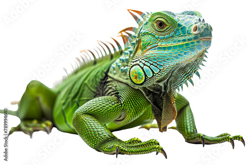 Green iguana with vivid scales and spiky crest isolated on transparent background