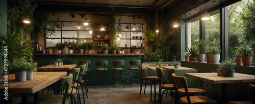 Garden Grind: A Botanical Oasis in the Concrete Jungle - A Garden-Themed Cafe with Tranquil Floral Accents and Inviting Greenery  Realistic Interior Design Concept with Nature Photography © Gohgah