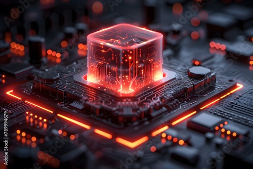 Close Up of Computer Motherboard With Red Lights. Generative AI