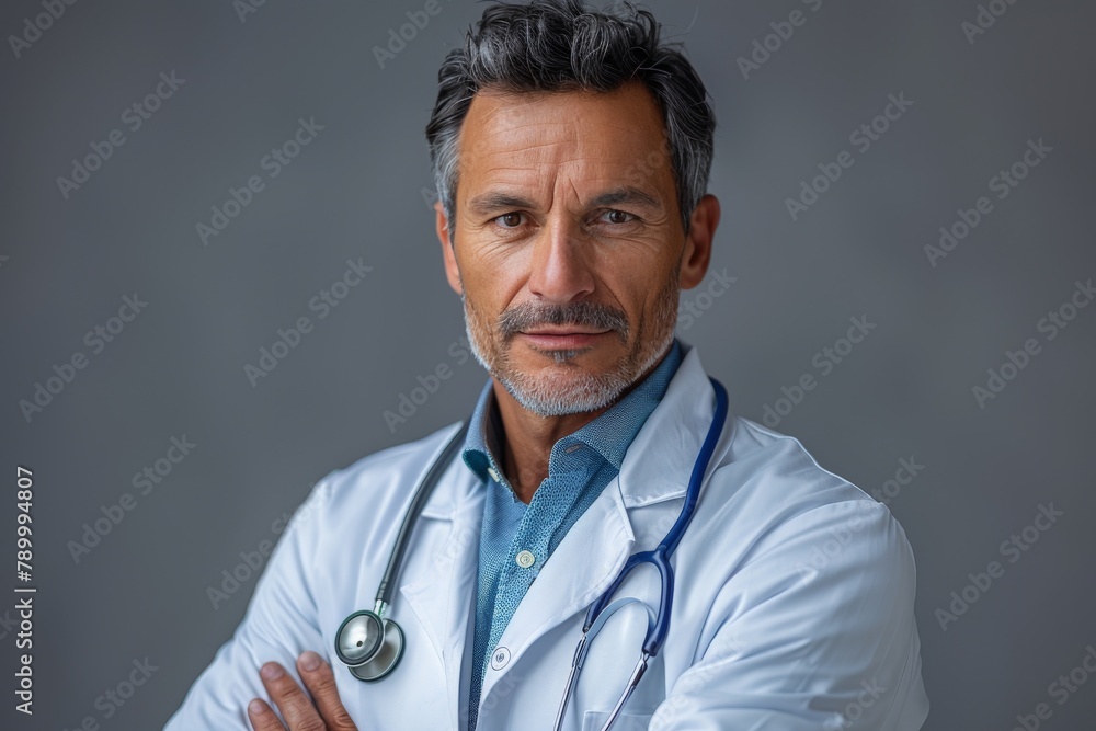 Experienced doctor in lab coat with a stethoscope looking confident and trustworthy Experienced doctor in lab coat with a stethoscope looking confident and trustworthy