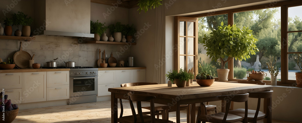 Mediterranean Kitchen: A Culinary Haven with Warm Tones and a Fig Tree in Realistic Interior Design and Nature Photostock Concept