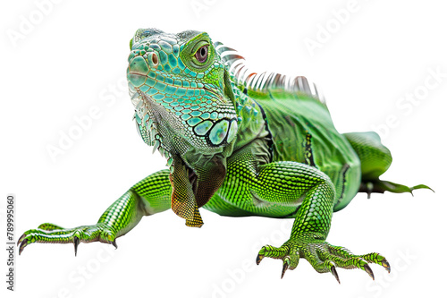 Green iguana with vivid scales and spiky crest isolated on transparent background