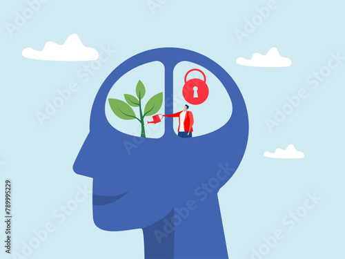 Growth mindset vs Fixed Mindset , people Watering plants with big brain growth on human head with brain inside and symbol.The difference of positive and negative thinking mindset concepts.