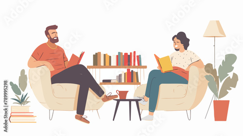 Man and woman sitting on the sofa with books. Vector