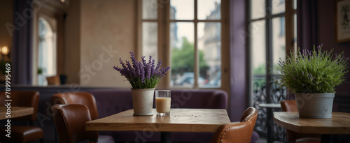Parisian Pause: A sophisticated French cafe with chic decor and a single lavender plant, offering a calming and elegant experience. Realistic interior design with nature elements.